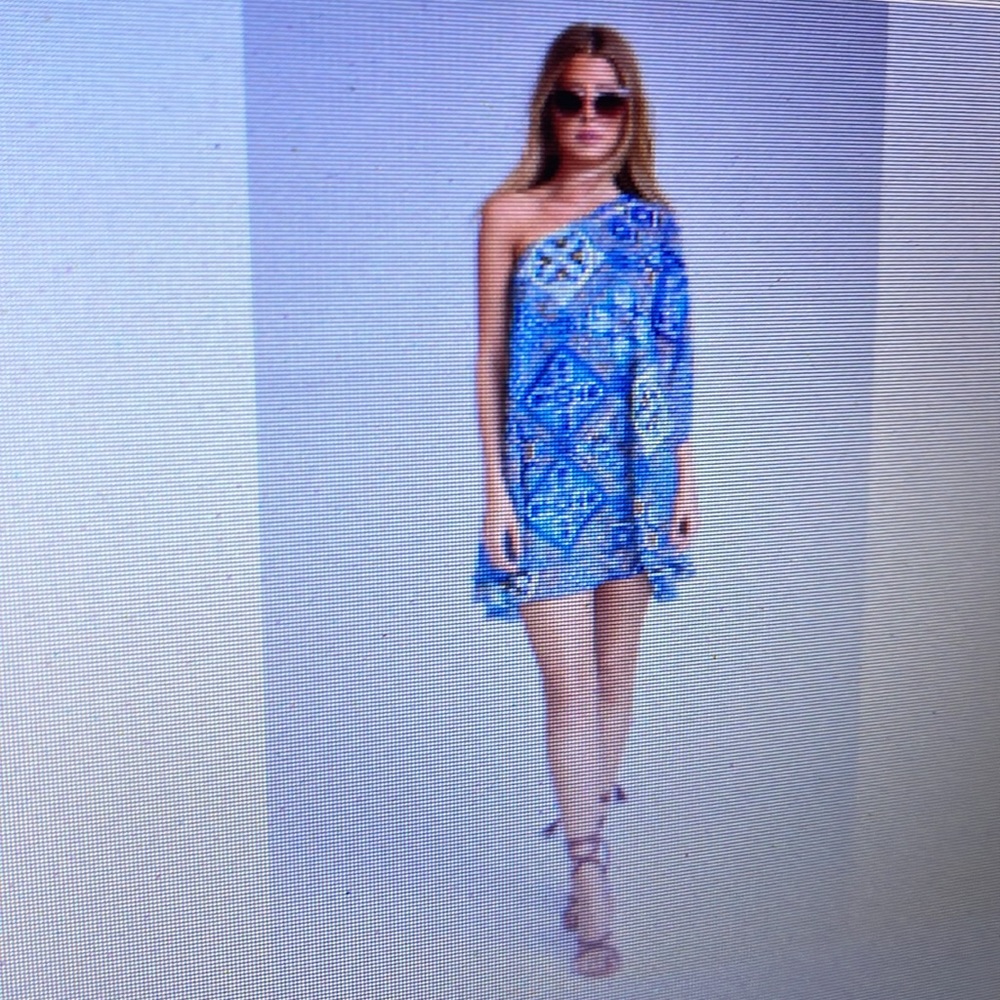 Show Me Your MuMu One-Shoulder Blue Mosaic Print Mini Dress